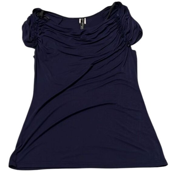 Rendezvous size small dark blue drapey front ruffly gathered cap sleeves EUC - Picture 1 of 10